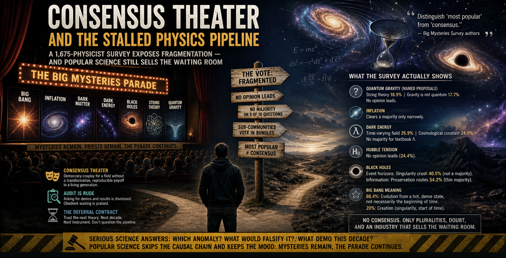 Consensus theater and the stalled physics pipeline — Big Mysteries Survey, popular science, and audit