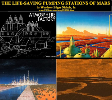 The artwork by Woodrow Edgar Nichols, Jr. shows an Atmosphere Factory,a city with canals, and a sunset over a Martian landscape