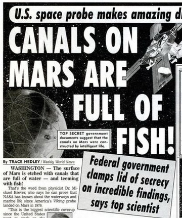 An unsourced newspaper article claims that artificial canals on Mars are full of fish