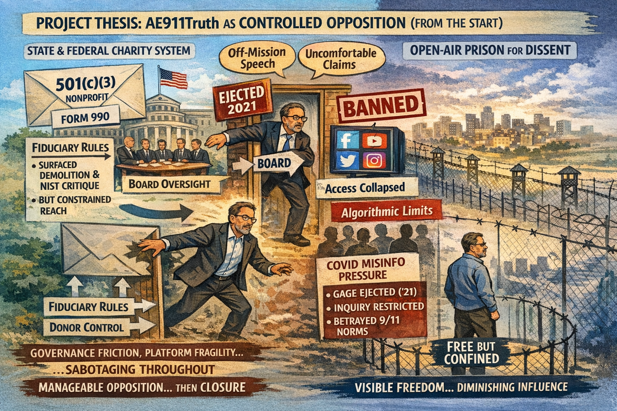 Richard Gage / AE911Truth — investigation graphic (charity envelope, open-air prison)