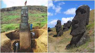 The Moai statues of Easter Island appear toppled and tilted.