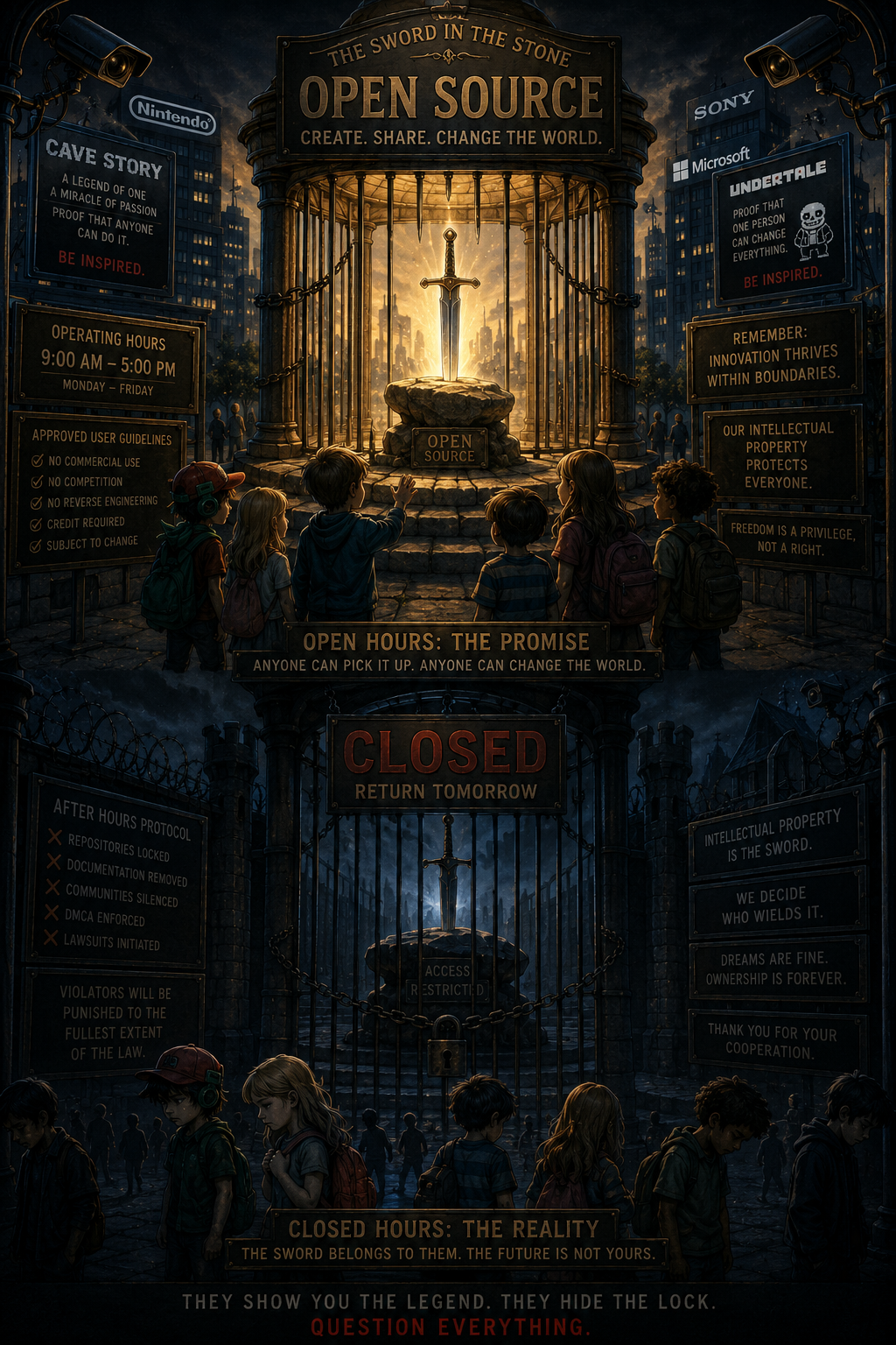 Open source as sword in the stone — gated exhibit, portrait crop (metaphor figure)