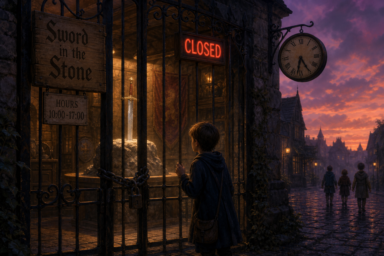 Open source as sword in the stone — gated exhibit, after hours (wider still)