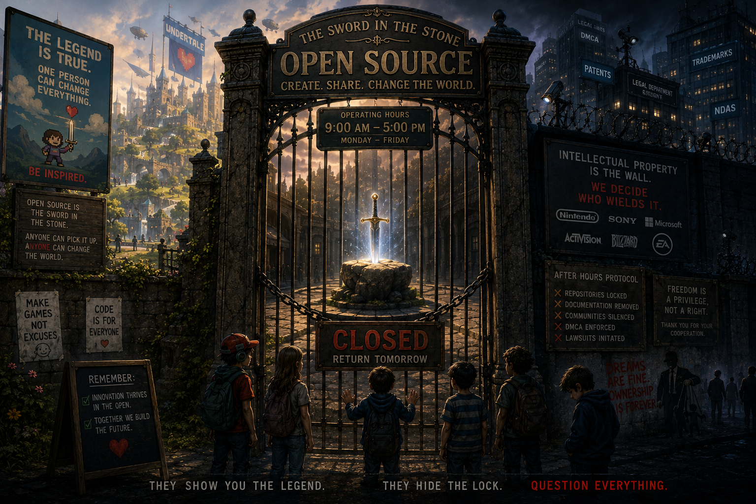 Open source as sword in the stone — gated exhibit, after hours (metaphor figure)