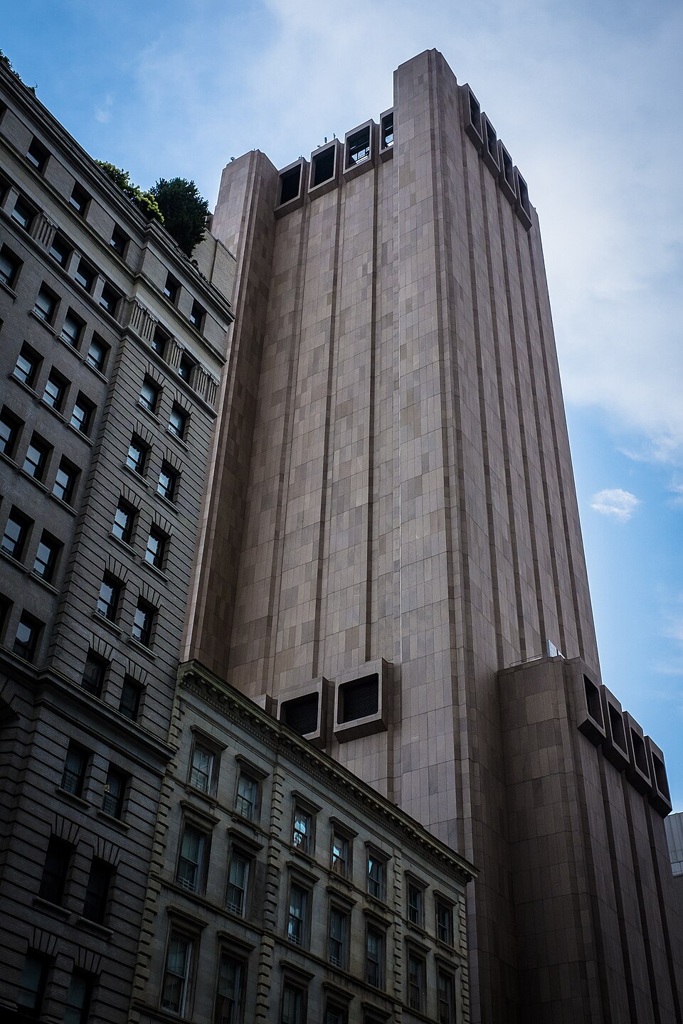 33 Thomas Street / AT&T Long Lines Building in Lower Manhattan — a 550-foot windowless Brutalist slab that was a telecom switching center and turned out to also be the NSA’s TITANPOINTE surveillance hub. The canonical example of a downtown windowless tower whose cover story was true and incomplete at the same time.