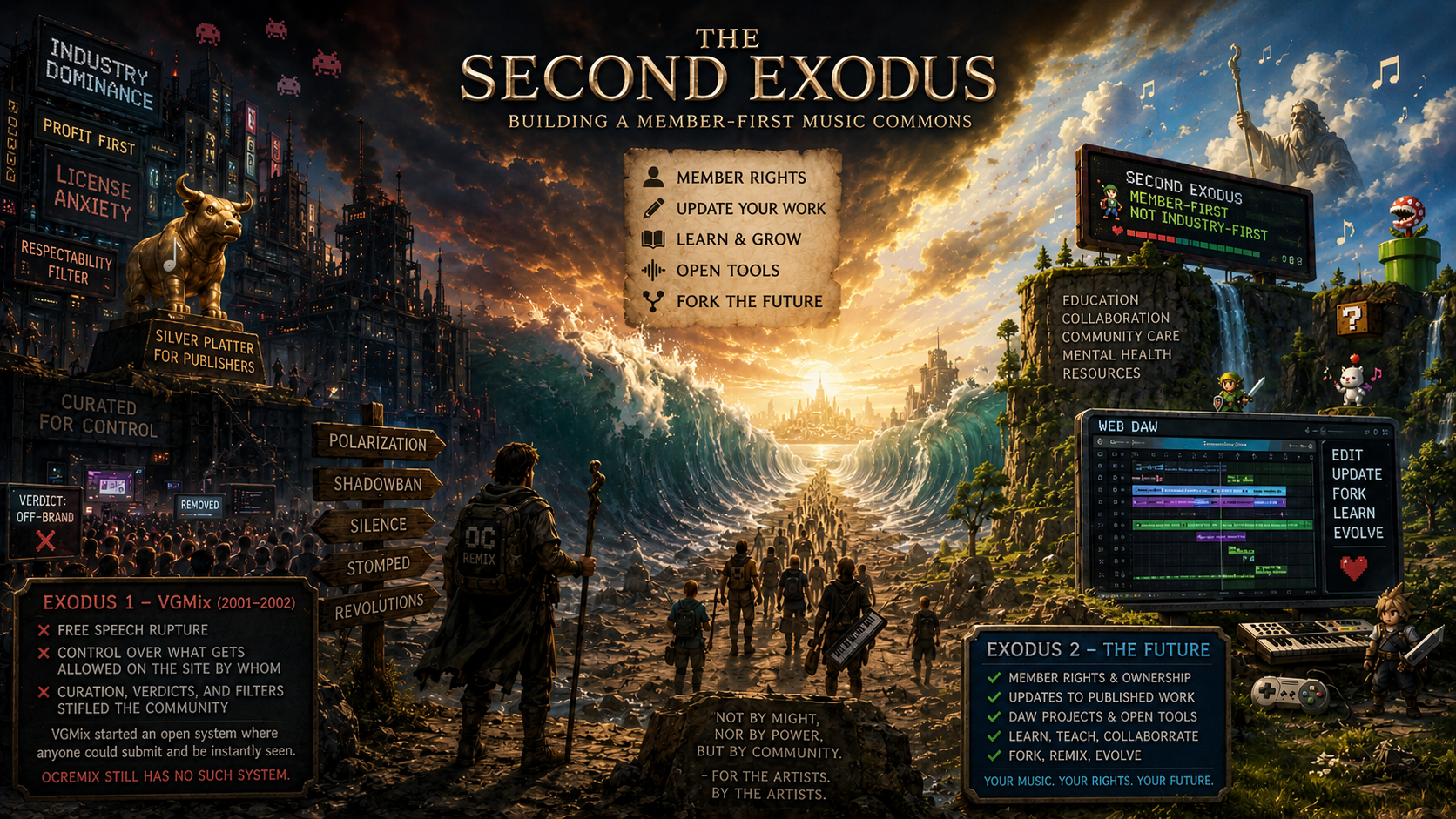 The Second Exodus Of OC ReMix — four-panel satire: crowd stays, solo walk, “but the future refused to change”