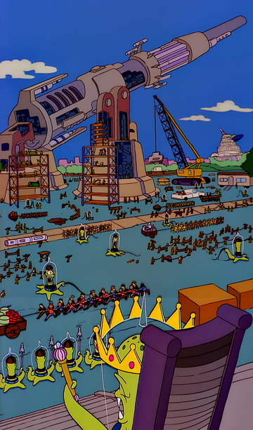 In  Season 8 Episode 1 “Treehouse of Horror VII”,a short called “Citizen Kang” is predictive programming featuring part of a planet’s population beingenslaved by an alien race in order to build a giant ‘death’ ray pointed at another planet.