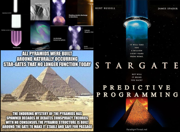The movie Star Gate (1994) attempts to categorically mythify the connection between real-life pyramids andperiodic star-gates into the realm of 