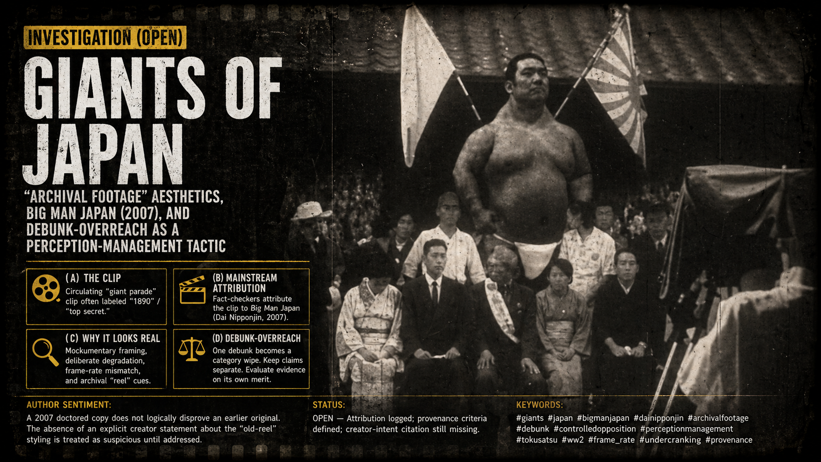 Giants of Japan — archival footage, Big Man Japan, and debunk-overreach
