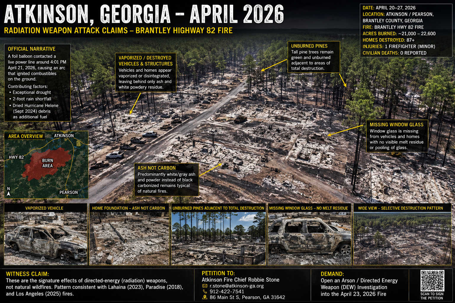 Brantley Highway 82 burn scar — selective destruction adjacent to intact pine canopy