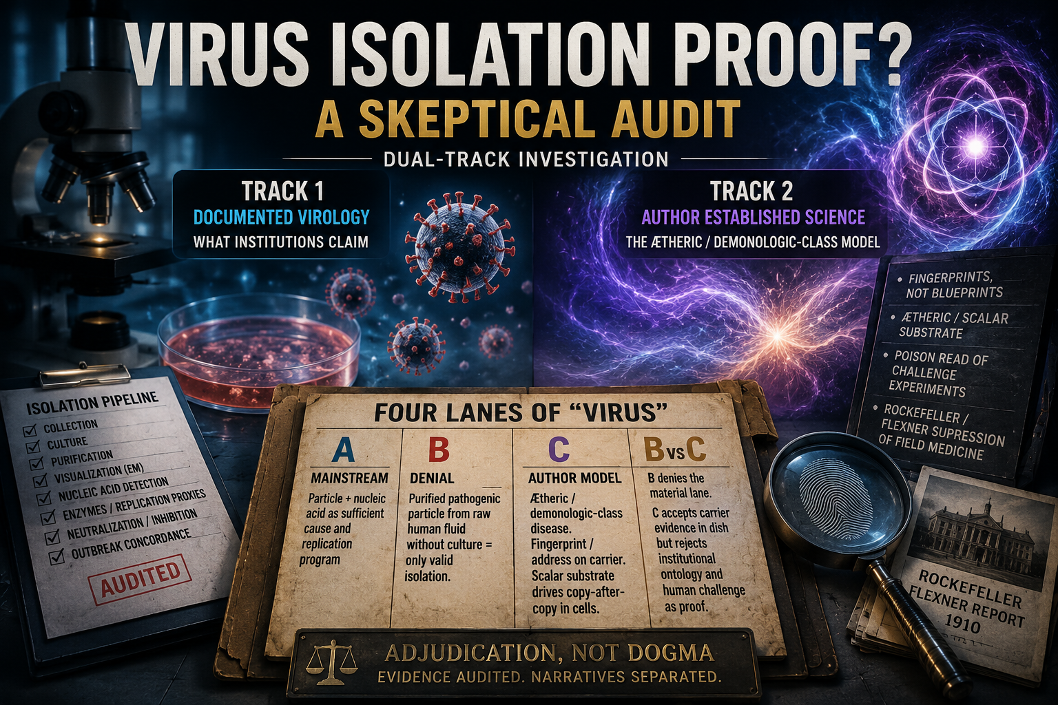 Virus isolation skeptical audit — dual-track dossier, fingerprint not blueprint (companion investigation art)
