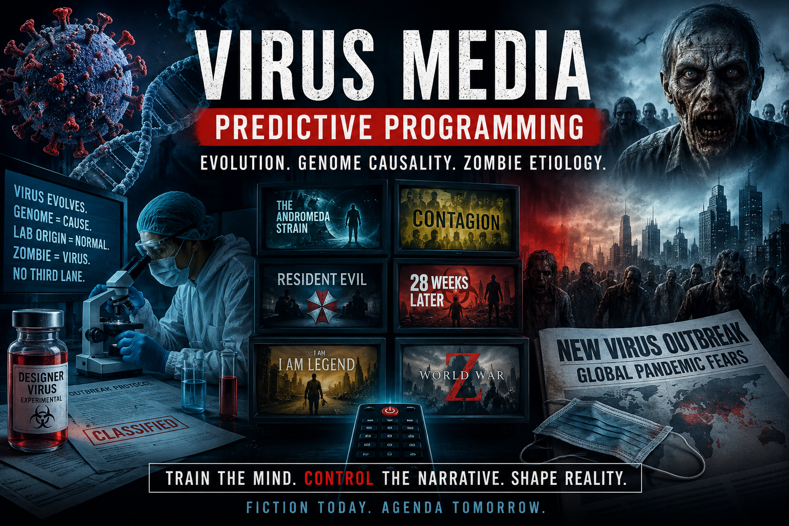 Virus media predictive programming — evolution, genome causality, zombie etiology (companion investigation art)