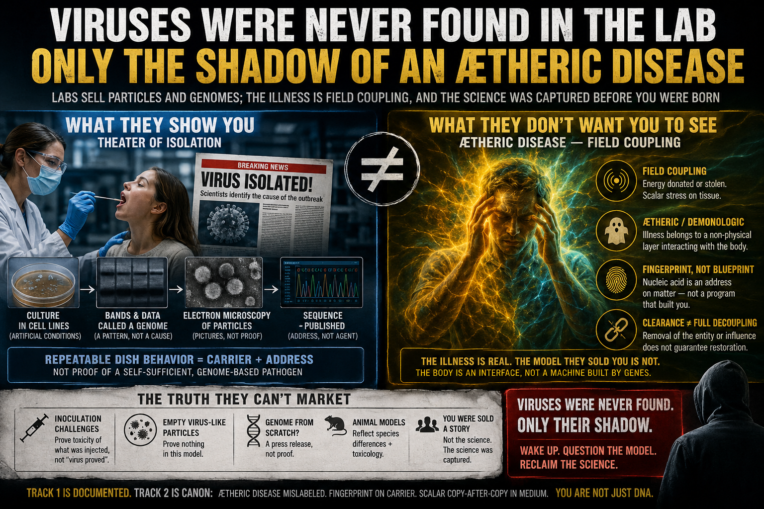 Viruses were never found in the lab — ætheric disease, fingerprint not genome pathogen (article art)