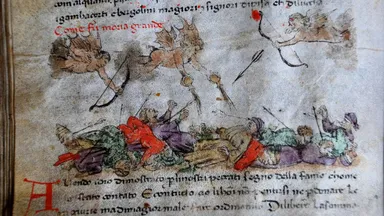 Late 14th Century illustration from Tuscany: devils shoot down arrows to inflict horror upon a tangled mass of humanity
