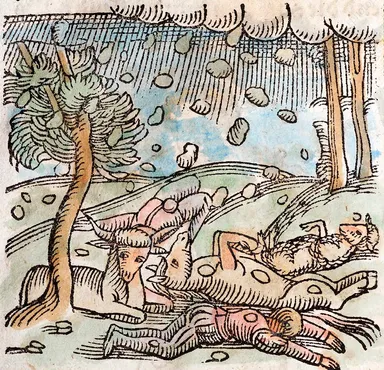 MudFlood Evidence: A deadly rain of stones. Woodcut with
early handcolouring from Conrad Lycosthenes' (Chronicle of Prodigies and Omens) - 'Prodigiorum ac Ostentorum Chronicon'
Published Hendricus Petri, Basel, allegedly 1557. This image appears to show a shower of meteorites - Lycosthenes notes
they are **stones** and not hail.